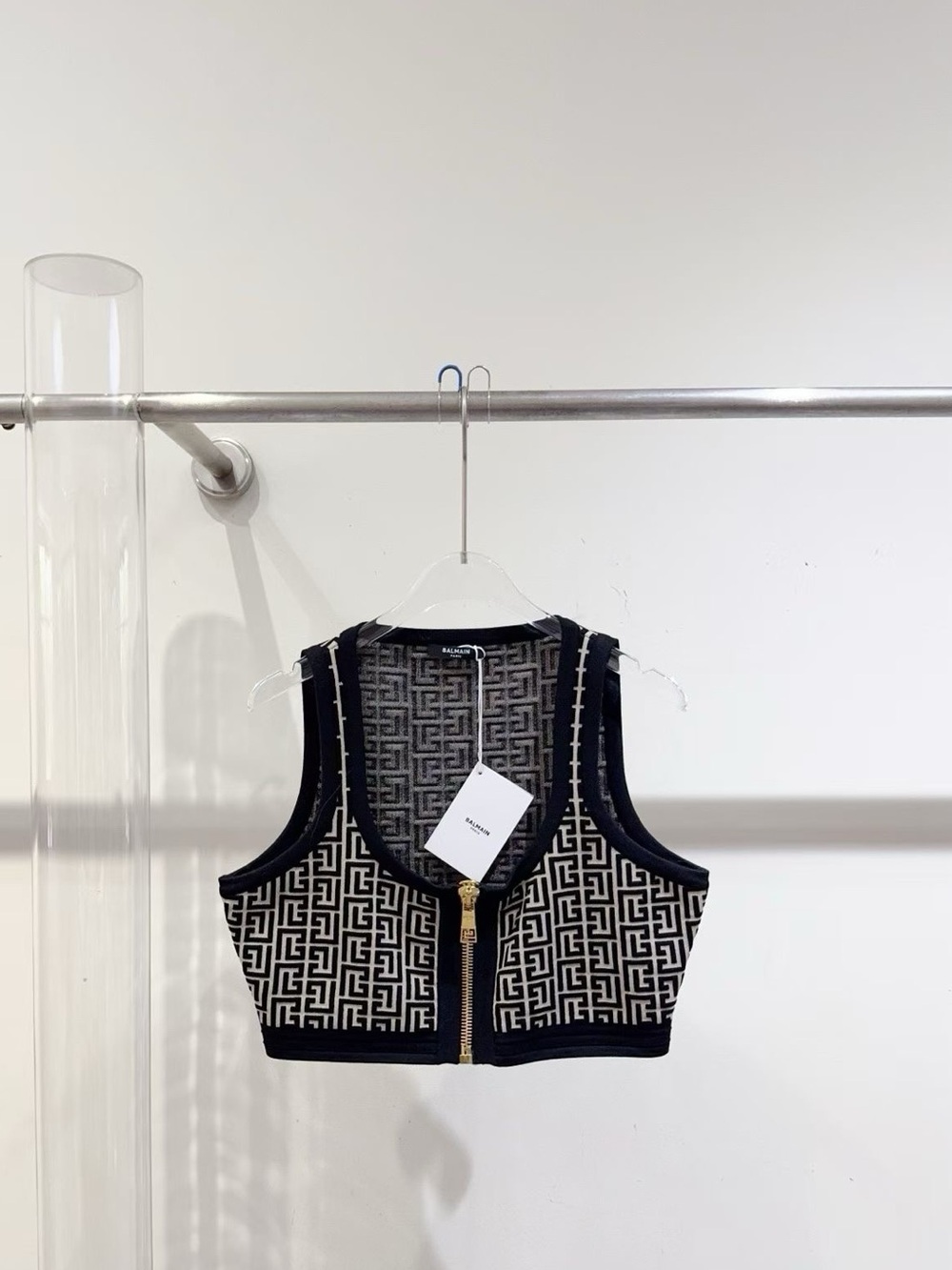 🚩steal Balmain Black and Cream Monogram Zip Crop Tank